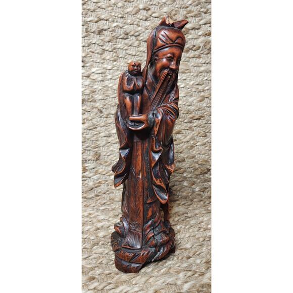 Vintage Asian Chinese Hand Carved Rosewood Wise Man Figurine 11" Shelf Tabletop